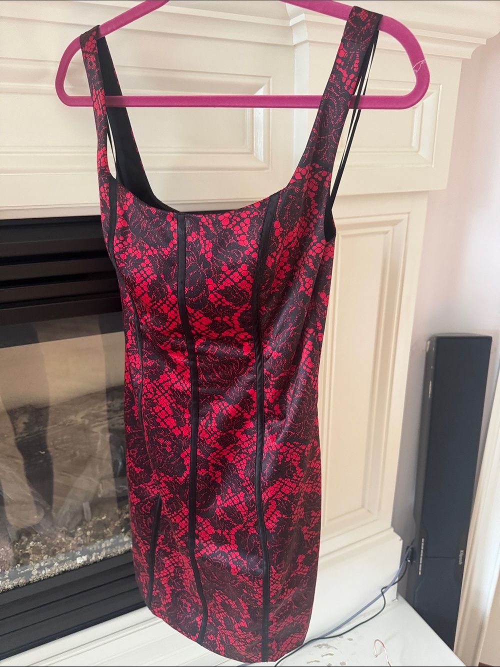 Guess Red and Black Lace-Effect Bodycon Mini Dress